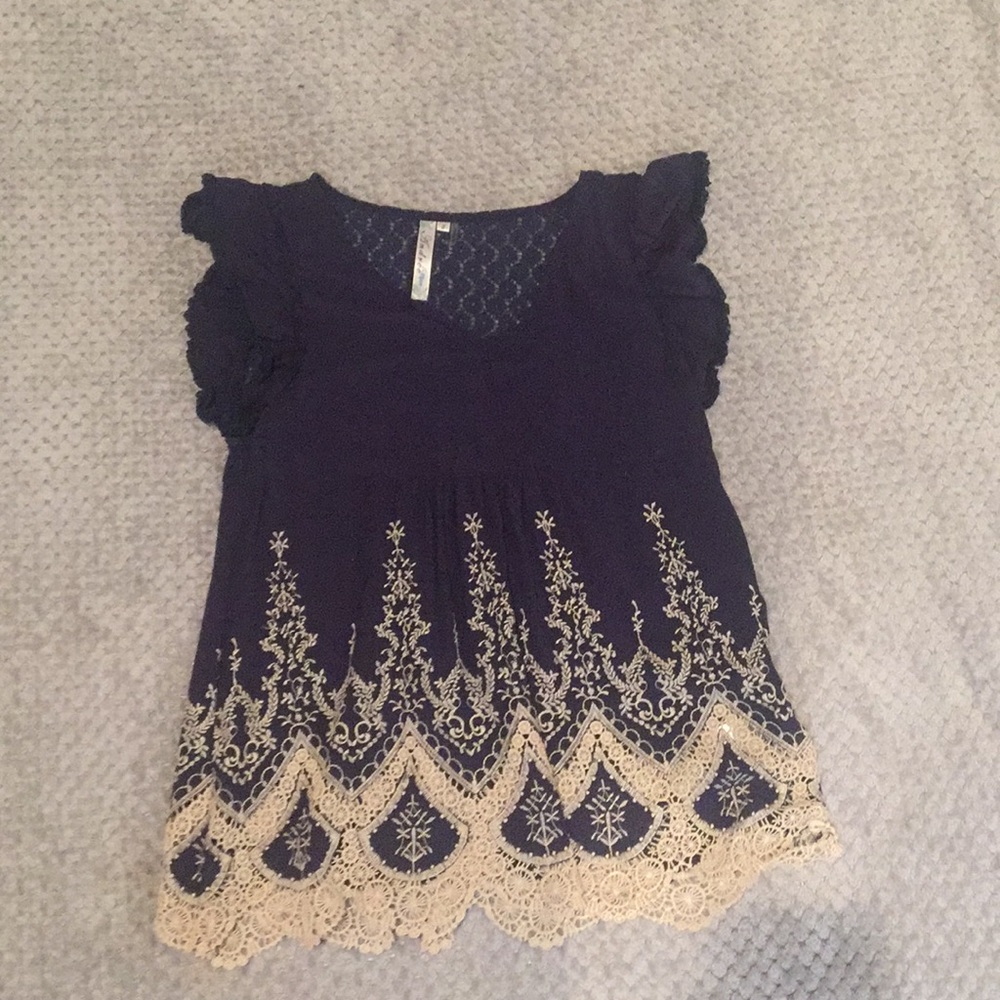 Navy Blue Blouse with Embroidery